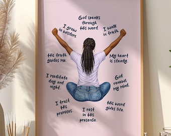 May include: A framed print featuring an illustration of a person in a meditative pose, arms outstretched. The person is wearing a white shirt and blue jeans. Surrounding the figure are text bubbles with inspirational phrases like "God speaks through His word" and "I walk in truth."
