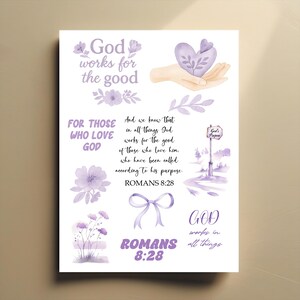 May include: A white print with watercolour illustrations and text in shades of purple. The design includes floral elements, a hand holding a heart, and the text "God works for the good" and "Romans 8:28".
