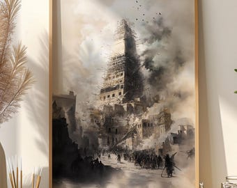 Tower of Babel Poster, The Dangers of Human Pride and Rebellion Against God Bible Verse Wall Art, Unfinished City of Babel Print