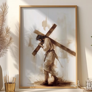 Jesus Carrying The Cross, John 19:17-42 Wall Art, Bible Verse Print, Scripture Art Poster, Christ Carrying Cross, Jesus with Cross Printable