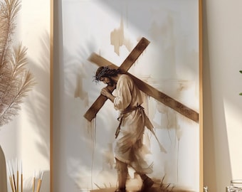 呪物 キリスト Jesus ジーザス イエス 十字架 ART アート 額縁 絵画 十字架を背負うイエス、キリスト教の絵画、イエスの壁画、聖書の