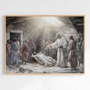 Jesus Heals The Paralytic, Jesus Forgives and Heals A Paralyzed Man Wall Art, Healing The Paralytic Bible Print for Sunday School Homeschool