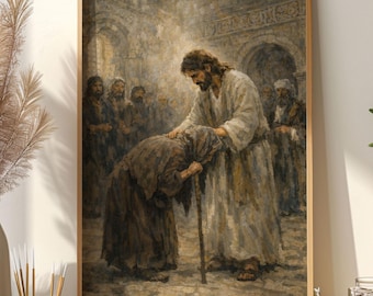 Jesus Heals a Crippled Woman on the Sabbath Print, Luke 13:10–17 The Healing of The Bent Woman Wall Art, Christian Poster