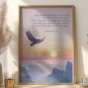 Afdrukbaar Jesaja 40:31, zij die op de heer hopen bijbelvers kunst aan de muur, christelijke schriftkunst kunstafdruk, zij zullen op vleugels vliegen als adelaars