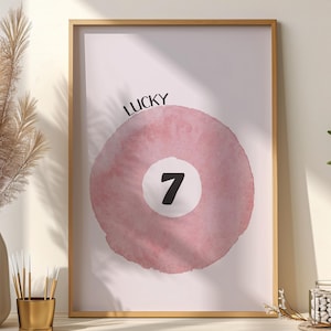 Plakat 7 Ball, Różowa Szczęśliwa Bila Ścienna Sztuka, Retro Akwarela 7 Bilardowa Wydruk, Różowa Afirmacja Estetyczna Dekoracja Ścienna Do Dziewczęcego Pokoju