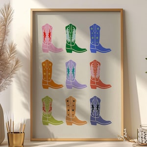 Colorful Cowboy Boots Wall Art, Colorful Cowboy Boot Print, Retro Western Girl Wall Art, Cowgirl Room Decor Prints, Boho Printable Art