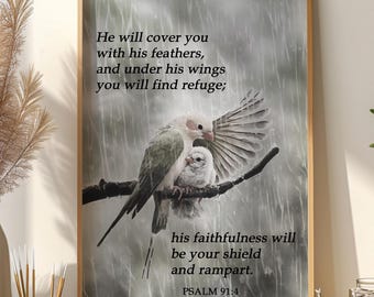 Salmo 91:4 Arte mural, Él te cubrirá con sus plumas, bajo sus alas encontrarás refugio, póster de oración, impresión artística del versículo bíblico del Salmo 91