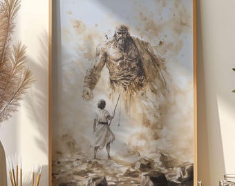 David and Goliath Art Print, Abstract David and Goliath Wall Art, 1 Samuel 17 Bible Verse Poster, Christian Home Biblical Wall Decor