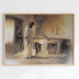 May include: A framed print depicting a biblical scene. A man in a white robe stands, looking down at a woman kneeling on the floor. The room has a table, cabinet, and a window with light streaming through.