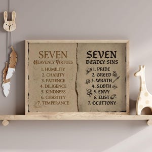Zeven hemelse deugden en zeven hoofdzonden, kunst aan de muur, christelijke huisdecoratie, poster bijbelstudie, instant download kunst