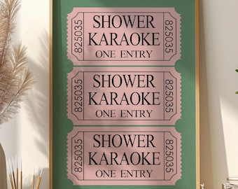 Shower Karaoke Ticket Print: Sage Green & Pink Bathroom Art (Digital Download)