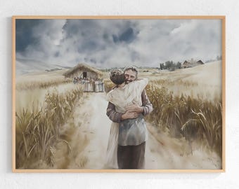Lámina del Hijo Pródigo, Arte mural sobre el regreso del Hijo Pródigo, Lucas 15:11-32, Arte de Jesucristo, Decoración con versículos bíblicos imprimible, Póster cristiano moderno