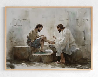 Jesus Washes Feet Art, Jesus Washes Feet of Disciples Wall Art, Jesus Washes His Disciples' Feet Print, Bible Verse Poster Wall Decor
