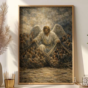 May include: Framed artwork depicting a religious scene. An angel with large wings is holding two nets filled with people. The artwork is in a wooden frame and features a warm color palette with a focus on light and shadow.