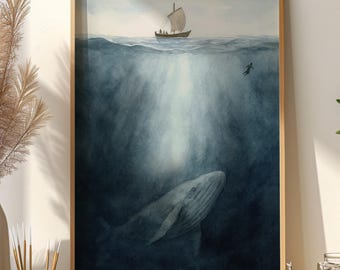 Jonah and The Whale Print, Bible Verse Wall Art, Scripture Jonah 1:17 Now the Lord Provided A Huge Fish to Swallow Jonah Poster, Faith Decor