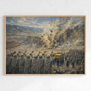 May include: A framed print depicting a historical scene. Figures in white robes blow horns, leading a procession carrying a golden chest. A crumbling wall and a large crowd are in the background, with a dramatic sky overhead.