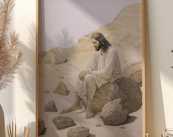Jesus in The Wilderness Print, Jesus in The Desert Art, Bible Verse Wall Art Printable Download, Christian Scripture Poster, Catholic Art