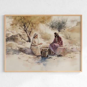 Print Woman at The Well, Samaritaanse vrouw bij The Well schilderij, Johannes 4:4-42 aquarel, Christus bijbelvers poster, bijbeltekst kunst aan de muur