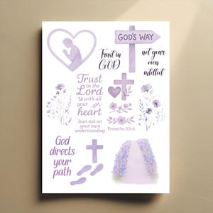 Pode incluir: Uma impressão branca com ilustrações em aquarela e texto com temas religiosos. O design inclui um coração com uma figura em oração, cruzes, elementos florais e frases como "Confie em Deus" e "Deus dirige o seu caminho".