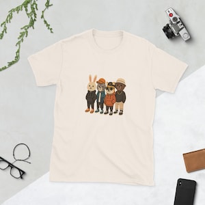 Camiseta de animales de estilo urbano: conejito, gato, perro y oso con sudaderas y zapatillas. Camiseta de animales adorables de estilo urbano.