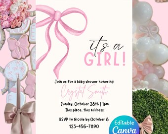 It&#39;s a Girl Baby Shower Invitation | Instant Download | Baby Girl Shower | Elegant Baby Shower Printable | Pink Bow Theme Baby Shower