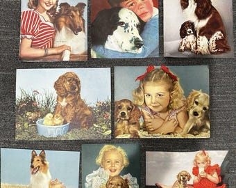 Lot de 8 impressions lithographiques vintage des années 40 et 50 pour enfants et chiens, États-Unis