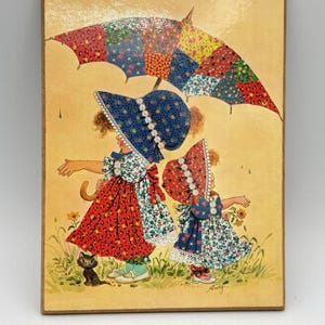 Vintage Country Girl Wall Plaque Signed Amy Patchwork Umbrella