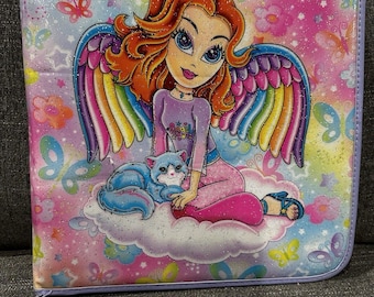 Carpeta con cremallera vintage Lisa Frank con diseño de gato ángel y purpurina, 3 anillas, mariposa pastel, años 2000