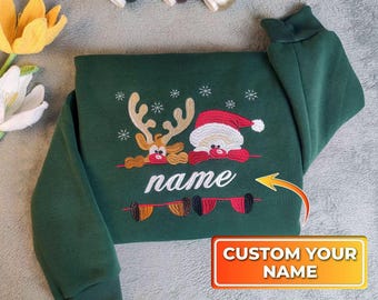 Personalized Christmas Family Shirt: Embroidered Santa Reindeer, Custom Name