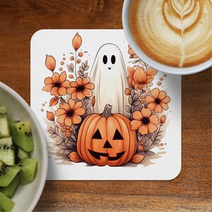Halloween Cute Ghost with Pumpkin and Flowers, Funny Spooky Decor, Halloween Coaster, Fall Home Decor, Gift for Halloween Lovers