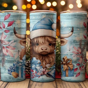 Adorable Highland Cow Christmas Tumbler Santa Hat Holiday Gift, Cute Christmas Tumbler for Hot and Cold Drinks, Holiday Gift Idea