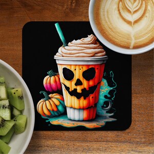Halloween Pumpkin Spice Coffee Coaster, Fall Decor Coaster, Spooky Jack O Lantern Coaster, Halloween Coffee Lover Gift