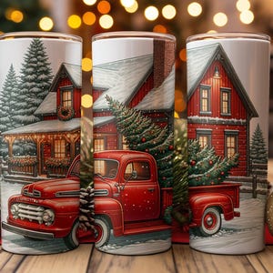 Vintage Red Truck Christmas Tumbler: Snowy Cabin Holiday Decor