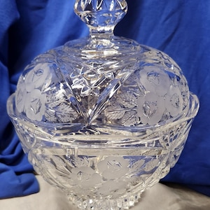 Vintage Lead Crystal Etched Floral Pattern Candy Dish Bowl With Lid