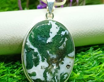 Moss Agate Pendant, 925 Sterling Silver, Handmade Boho Necklace