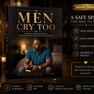 May include: A black journal with the title "MEN CRY TOO" in gold lettering, depicting a man holding a book. The journal's cover includes the text "A PRIVATE JOURNAL FOR MEN NAVIGATING EMOTIONS, FAITH, AND HEALING". Additional text includes "A SAFE SPACE FOR MEN TO HEAL".