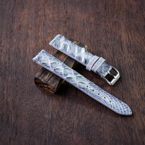 Puede incluir: Dos correas de reloj azul claro con un patrón texturizado en forma de escamas. Una correa tiene una hebilla plateada. Las correas se muestran sobre una superficie de madera oscura, mostrando el diseño detallado y las variaciones de color.