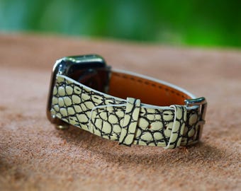 Handmade While Alligator Leather Watch Strap - Custom Fit Apple Watch Band