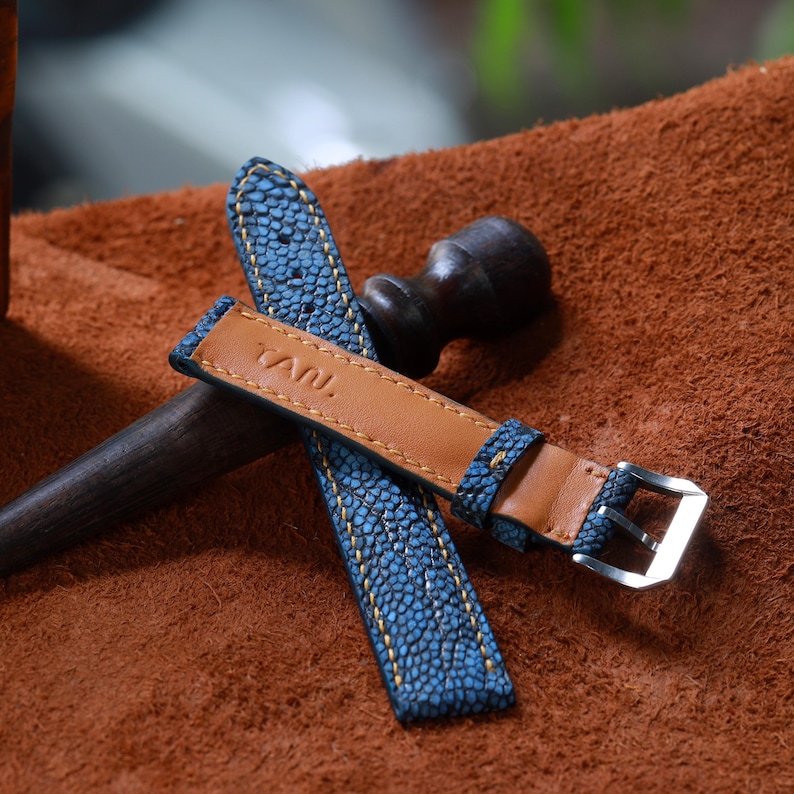 Navy Blue Leather Watch Strap – Waxed Ostrich Leg (Scaled) Vintage Exotic Band image 5