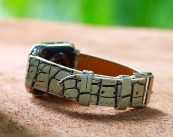 Handmade While Alligator Leather Watch Strap - Custom Fit Apple Watch Band