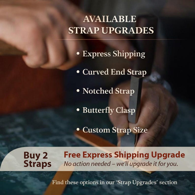 May include: Image showcasing strap upgrades, including express shipping, curved end straps, notched straps, butterfly clasps, and custom strap sizes. Text reads "Available Strap Upgrades". The image also includes the text "Buy 2 Straps" and "Free Express Shipping Upgrade".