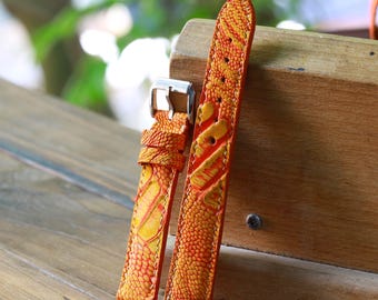 Orange Leather Watch Strap – Waxed Ostrich Leg (Scaled) Vintage Exotic Band