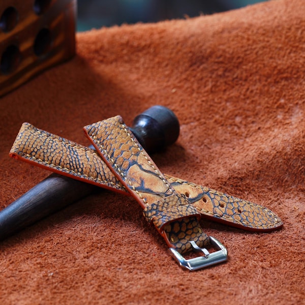 Brown Leather Watch Strap – Waxed Ostrich Leg (Scaled) Vintage Exotic Band