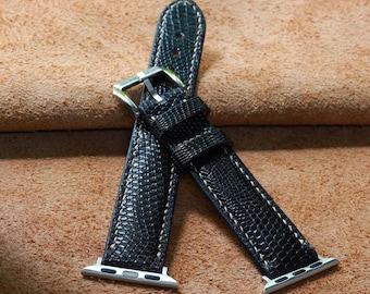 Handgemaakte zwarte hagedis leren horlogeband - op maat gemaakte Apple Watch-band