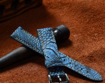 Navy Blue Leather Watch Strap – Waxed Ostrich Leg (Scaled) Vintage Exotic Band