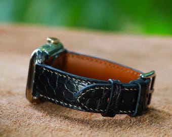 Handmade Black Alligator Leather Watch Strap - Custom Fit Apple Watch Band