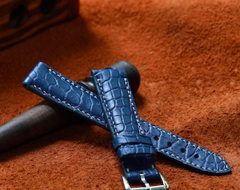 Handmade Deep Blue Alligator Watch Band, Exotic Leather Strap