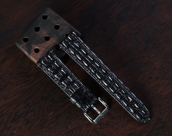 手作りの黒アリゲーターホーンバックウォッチストラップ、レザーウォッチバンド
