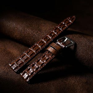Bracelet de montre fait main en alligator marron et corne, bracelet en cuir exotique