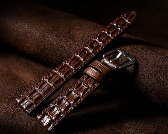 Cinturino per orologio in pelle di alligatore marrone, realizzato a mano, cinturino in pelle